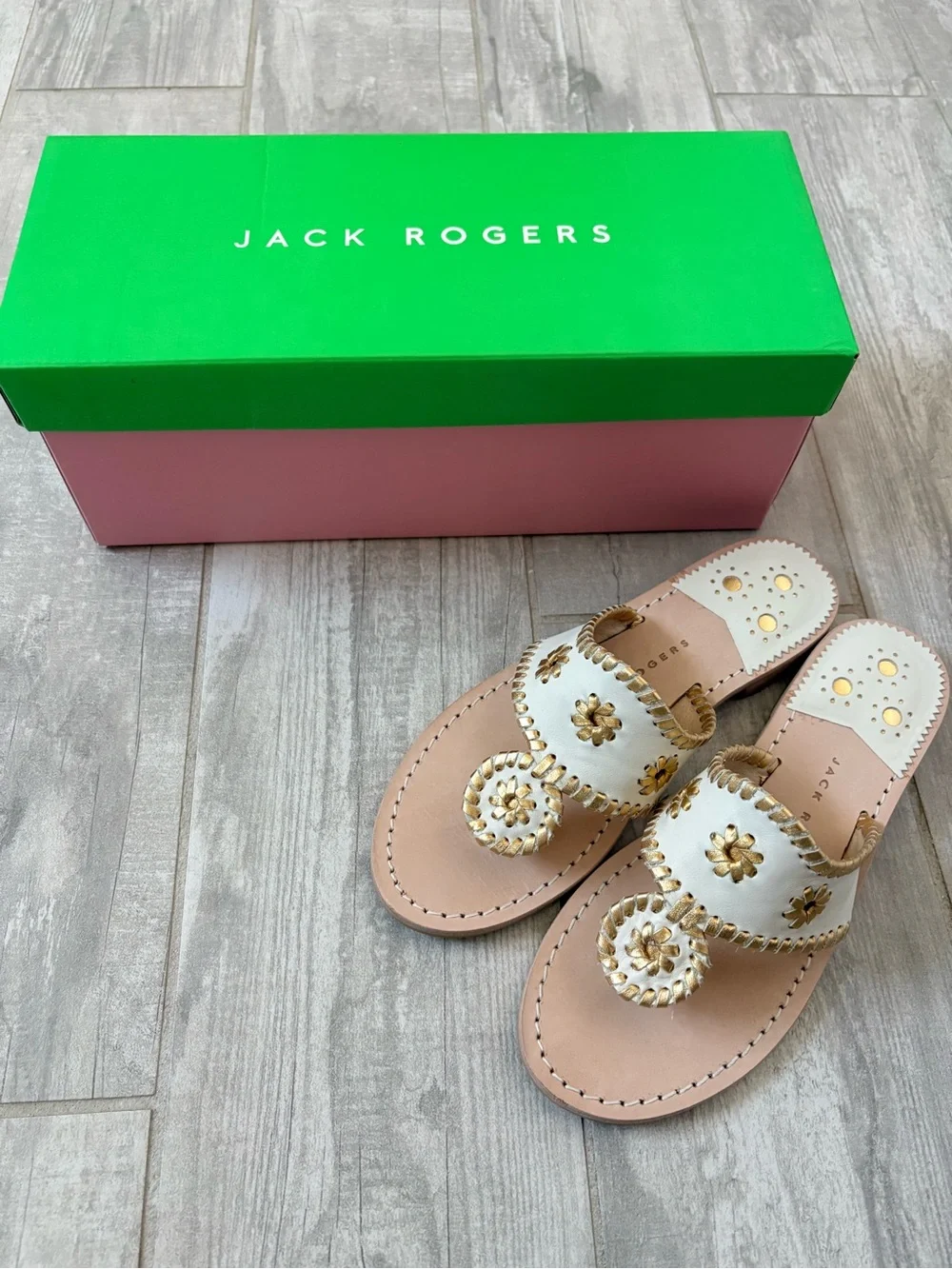 Jack Rogers White Leather Sandals with Gold Accents